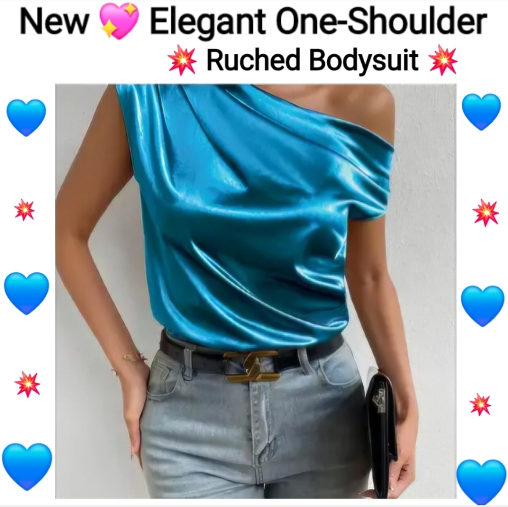 Elagant Satin Blue One-shoulder Ruched  Bodysuit, Size XL